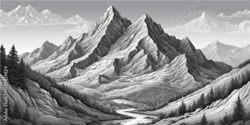 Snow-capped peaks pierce the morning sky, a panoramic alpine landscape bathed in cold, white light