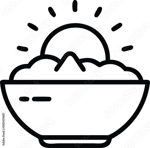 Breakfast bowl outline icon with sunrise and oats, minimalistic style illustration