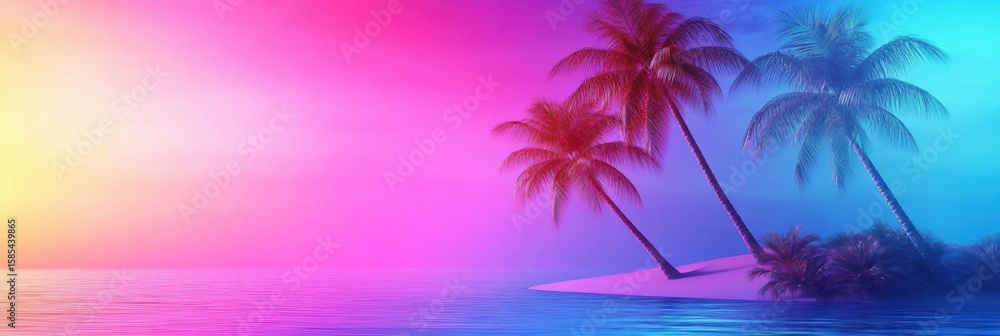 Naklejka premium Vibrant tropical landscape featuring palm trees and a gradient of purple colors over calm waters