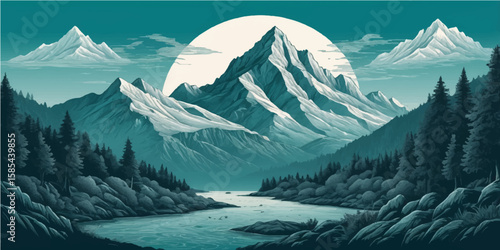 Snow-covered mountain peaks dominate a serene winter landscape under a clear blue sky, offering an expansive alpine view