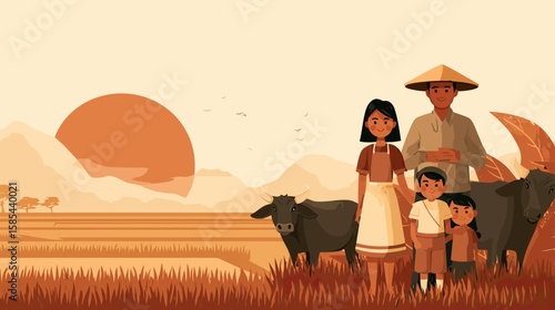 illustration of a cow and family of farmer flat design