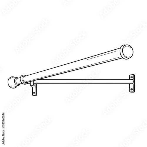 Line art drawing of a curtain rod with spherical finial, mounted on a white background
