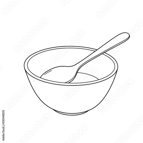 Outline illustration of a round bowl and a spoon placed in it, against white