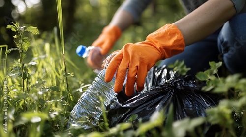 Volunteer Picking Up Litter in Grass with Orange Gloves Placing Bottle in Bag