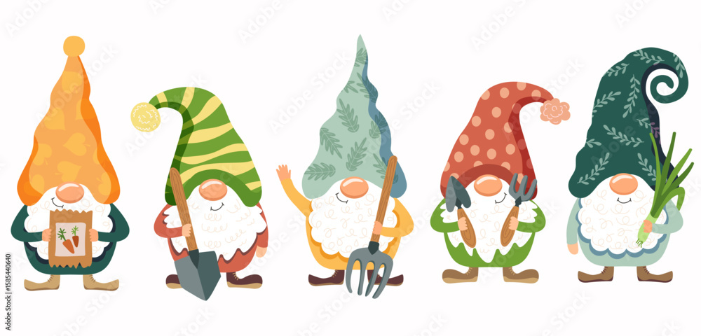 Fototapeta premium Hand drawn vector spring garden gnomes clipart set. Collection of five cartoon dwarfs characters with boots, lantern, flower pot and ladybug isolated on white background for seasonal decoration 