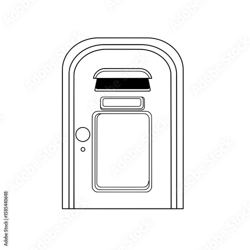 Outline of a door in black and white with a peep window and door handle
