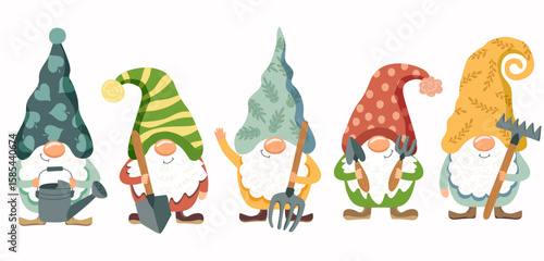 Five garden gnomes with tools. Cute little fairytale characters with beards and pointy hats. Sweet illustrations for spring, summer.