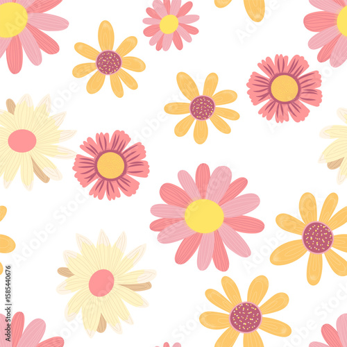Repeat pattern with colorful flowers on white background. Abstract daisy print for fabric design and spring decoration.