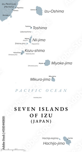 Seven Islands of Izu, Tokyo Prefecture, Japan, gray political map. The name comes from the fact that there were 7 main inhabited islands in the Izu Islands during the Edo period. Illustration. Vector