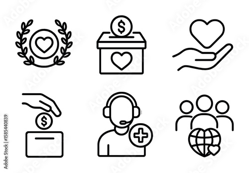Nonprofit Health Icons. Outline vector icons of nonprofit health programs: NGO logo, charity box, aid hand,