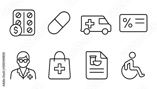 Pharmacy Service Icons. Outline vector icons of low-cost pharmacy services: subsidized medicine, pill icon,