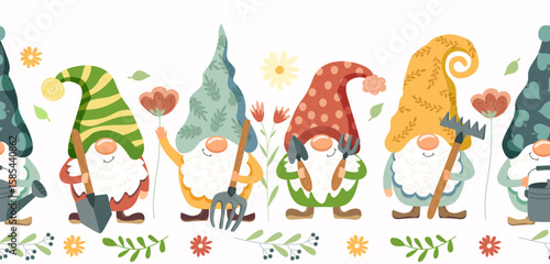 Cute garden gnome characters with gardening tools, flowers and foliage, seamless vector border illustrations for kids designs and spring.