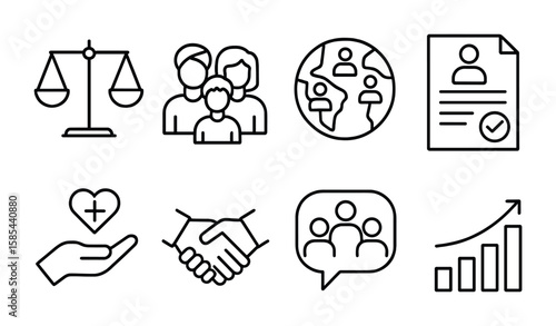 Health Equity Icons. Outline vector icons of health equity initiatives: equality scale, diverse patients,