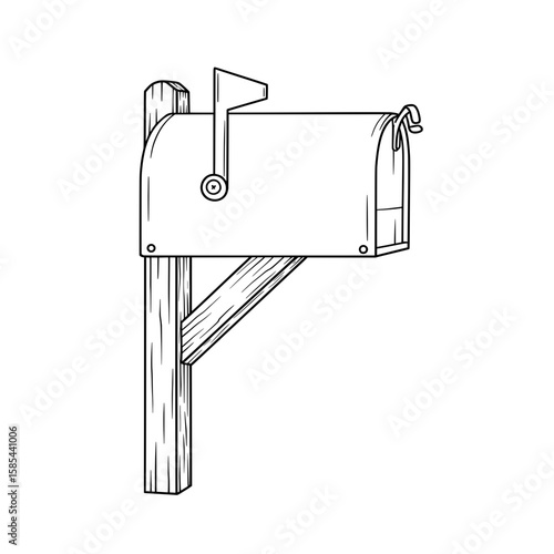 Line drawing of a mailbox with a flag attached to a wooden post outside of the house