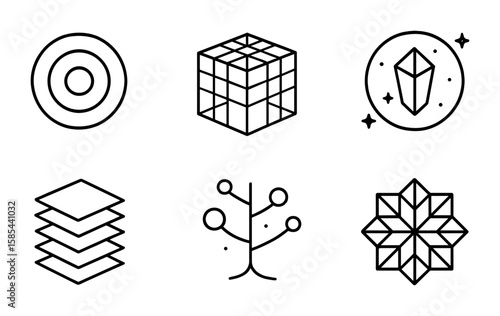 Multiverse Icons Collection. Outline vector icons of visualizing the multiverse: nested spheres, 3D grid,