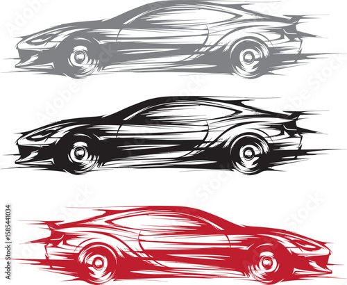 Three stylized sports cars are depicted in a dynamic brush stroke style, conveying speed and motion