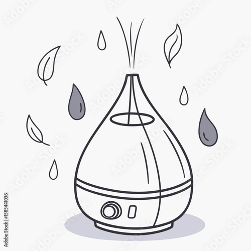 Illustration of a humidifier emitting vapor with leaves and water droplets floating around it in black and white