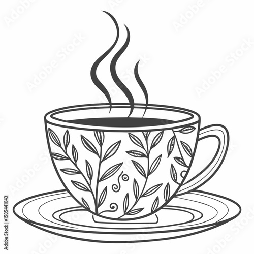 A drawing of a teacup with steam rising and a floral design sitting on a saucer in black and white style