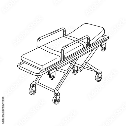 An empty emergency gurney with straps and wheels, drawn in outline with a white background