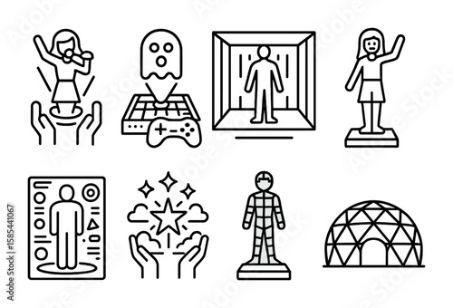Holographic Entertainment Icons. Outline vector icons of holographic entertainment: concert hologram, game