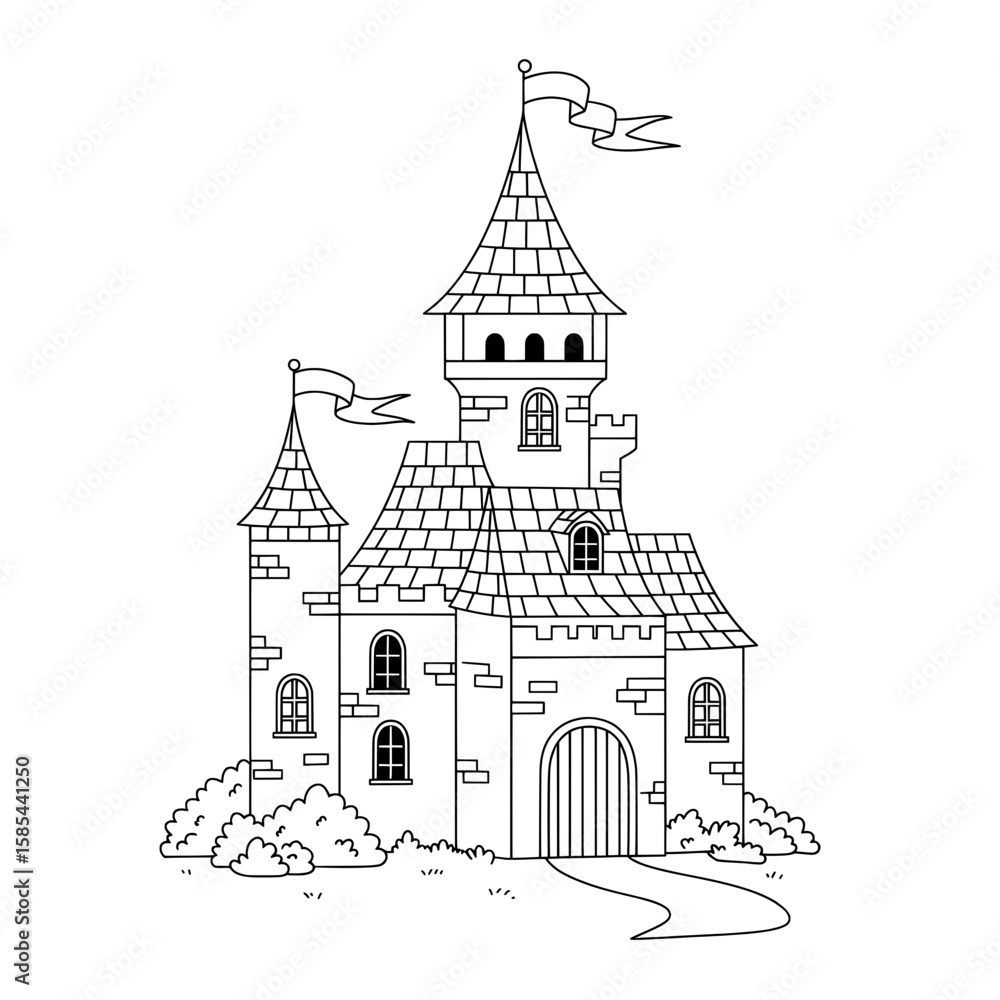 Fototapeta premium Fairytale Castle Classic black and white line drawing of a fantasy castle with flags