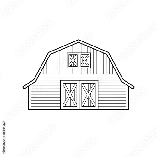 Black outline depicts a barn with crossed doors and a small window on the upper floor
