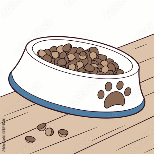 A white pet bowl filled with brown kibble sits on a wooden floor with a paw print design on the side