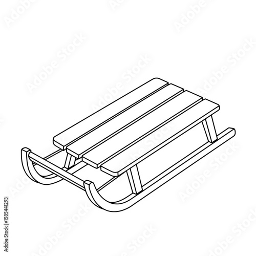 Line drawing of a wooden snow sled with slats and runners on a white background