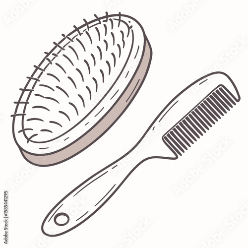 Illustration of an oval hairbrush with bristles and a comb with handle on a white background