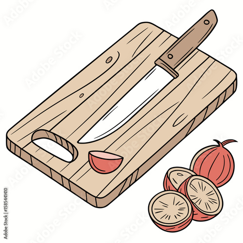 A wooden cutting board with a knife and sliced onions, kitchen utensils and food preparation scene shown