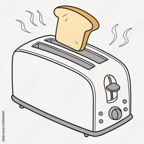 A white toaster with a slice of toast popping out and steam rising, set against a plain background scene
