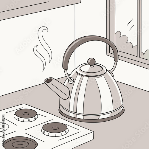 A kettle on a stove with steam rising next to a window in a kitchen scene in a cartoon illustration
