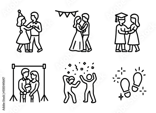 Dance Icon Set. Outline icon set of special event dances: birthday waltz, prom night, graduation dance, couple