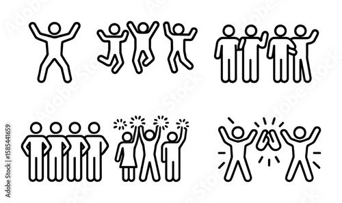 Group Choreography Icons. Outline icon set of group choreography scenes: synchronized pose, group jump, hand