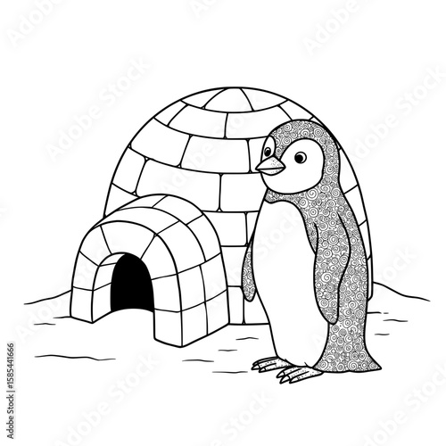 Penguin and Igloo Line art of a penguin standing next to an igloo for coloring