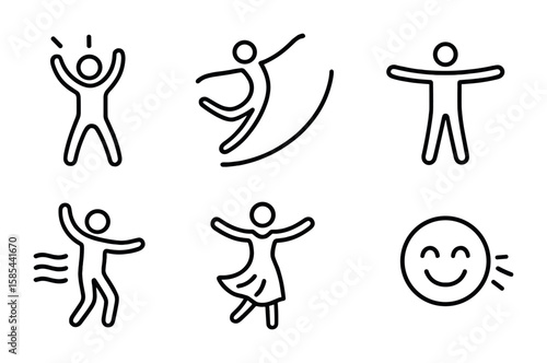 Dance Emotion Icons. Outline icon set of dance emotion and movement: joy spark, leap arc, swirl line, open
