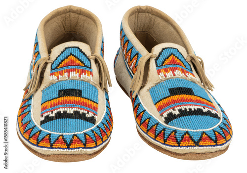 A pair of intricately beaded native american moccasins are displayed isolated on transparent background