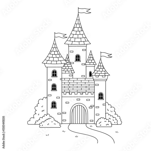 Outline illustration of a castle featuring multiple turrets, windows, and flags on a white