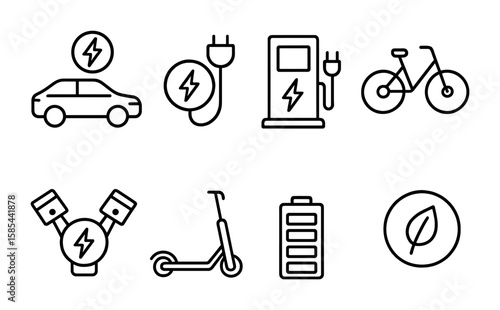 Clean Transportation Icons. Outline icon set of clean transportation: EV car, charging cable, charging station