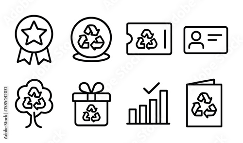 Recycling Rewards Icons. Outline vector icons of recycling rewards programs: star badge, reward point, eco