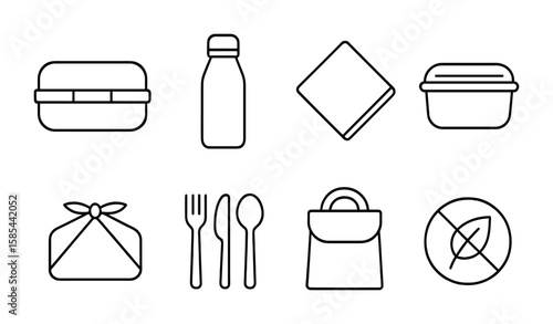 Zero Waste Icons. Outline vector icons of zero waste lunch programs: lunchbox, reusable bottle, cloth napkin,