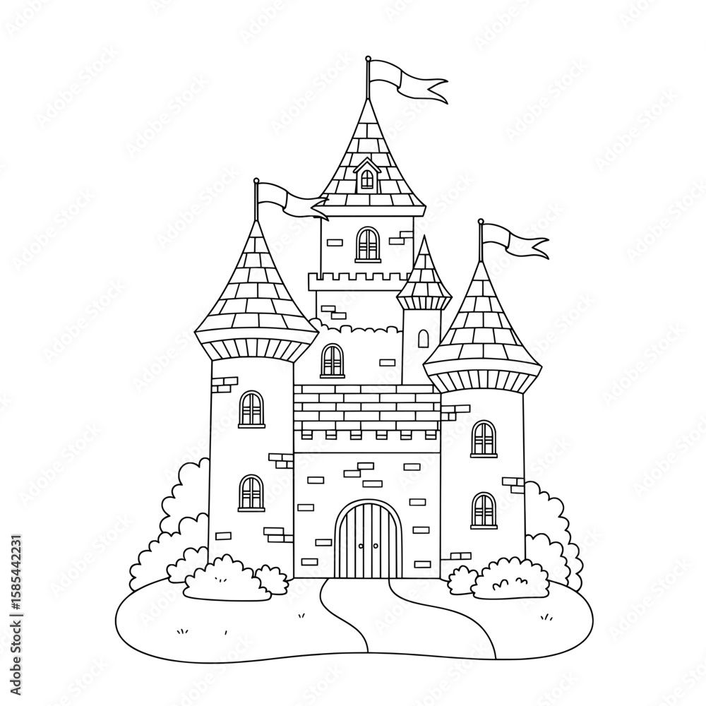 Obraz premium Outlined fairytale castle with flags atop each tower, windows, and stone brick detail