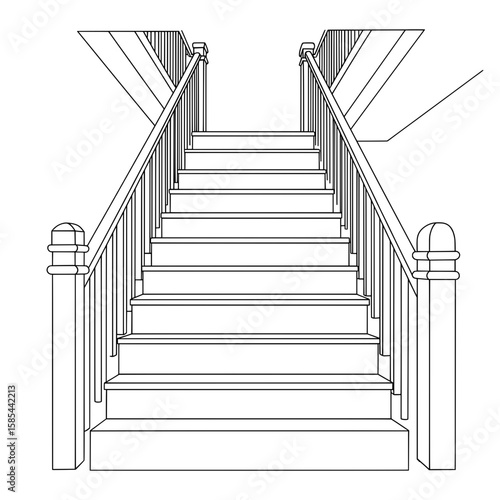 Staircase Classic stairs lead up, framed by balusters and rails, minimal lines, clean design