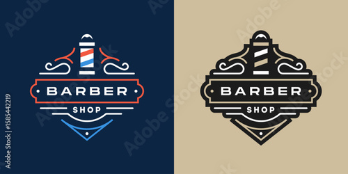 barbershop badge design. hipster barber logo design icon with pole, Red and blue navy Vintage retro classic Victorian style barbershop logo vector. 
