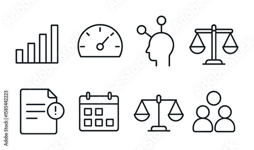 Vector Resource Icons. Outline vector icons of resource allocation and capacity: bar chart, capacity meter,