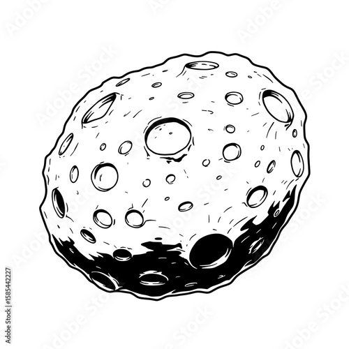 An asteroid with craters. Hand-drawn ink lines