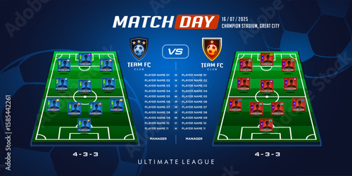 Football or soccer match team formation infographic banner. Football graphic for soccer starting lineup squad, Soccer line up strategy, starting XI matchday game player position list.
