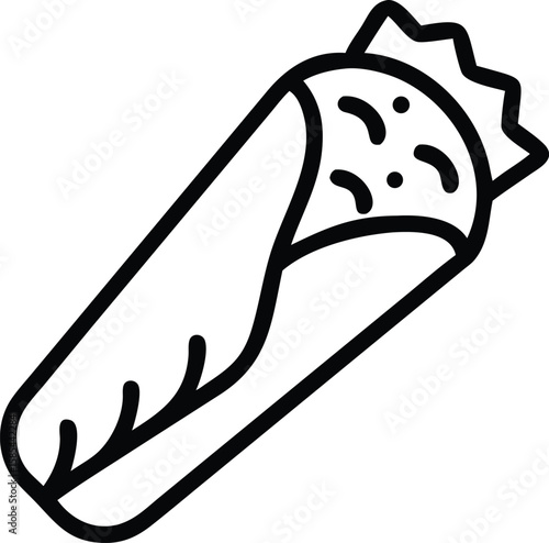 Burrito line art icon of rolled tortilla wrap with filling outlined