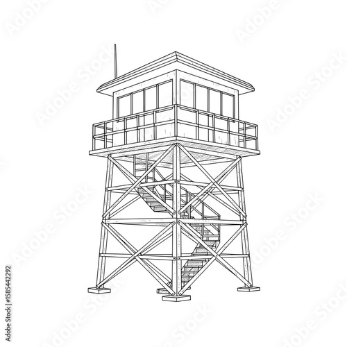 A line drawing of a fire lookout tower; cabin top, balcony, wooden cross-braced structure