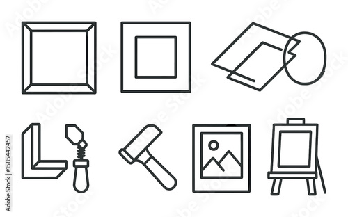 Frame Shop Essentials. Outline icon set of frame shop essentials: wooden frame, mat board, glass cover,